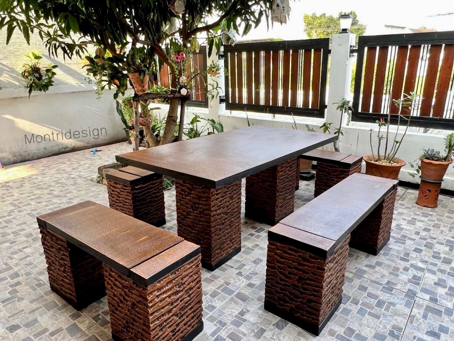 โต๊ะปูนสนาม ชุดโต๊ะสนามปูนสไตล์โมเดิร์น ชุด 8 ที่นั่ง พาดยาว สีดิน