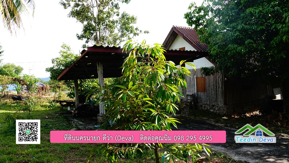 ที่ดินนครนายก สวนผลไม้ พื้นที่ 7 ไร่ ปลูกทุเรียน มังคุด ลองกอง มะยมชิด มีอาคาร 4 หลัง ด้านหน้าถนนสาธารณะ ด้านหลังติดอ่างเก็บน้ำ