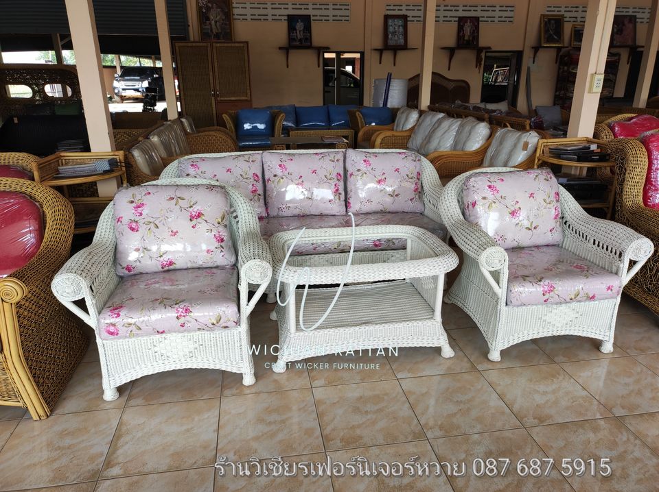 Miami ชุดรับแขกหวายแท้สีขาว