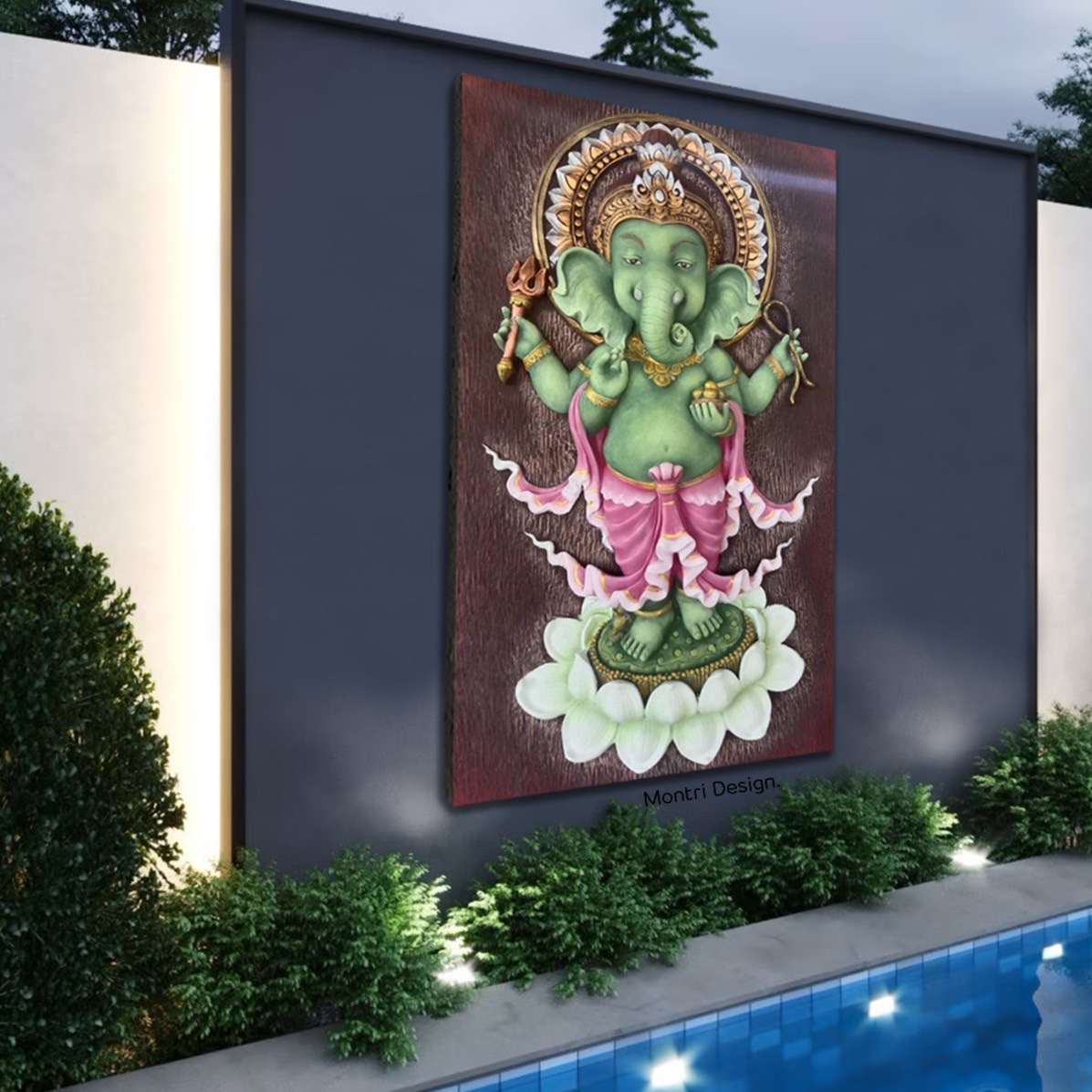 ภาพพระพิฆเนศปูนปั้น เทพเจ้าแห่งความสำเร็จ ขนาดภาพ 53*90 cm. ภาพพระพิฆเนศประติมากรรมนูนสูง