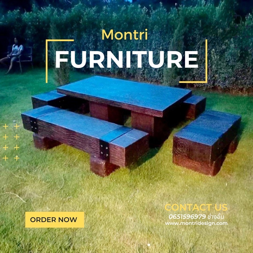 ชุดโต๊ะปูนลายไม้ โต๊ะปูนไม้หมอน โต๊ะไม้หมอน ชุดโต๊ะไม้หมอนรถไฟ ขนาด 180*90 cm.