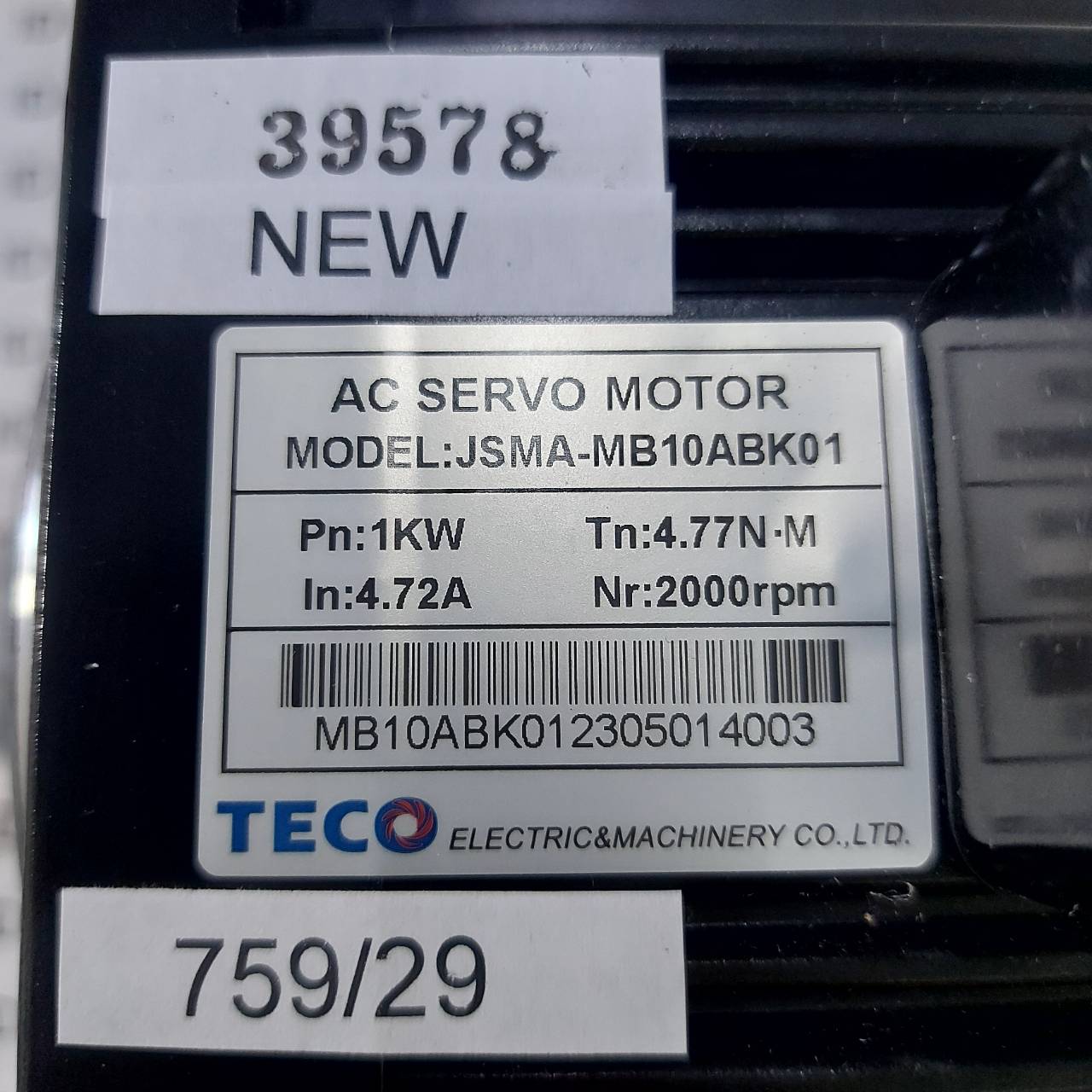SERVO MOTOR " TECO " MODEL : JSMA-MB10ABK01
