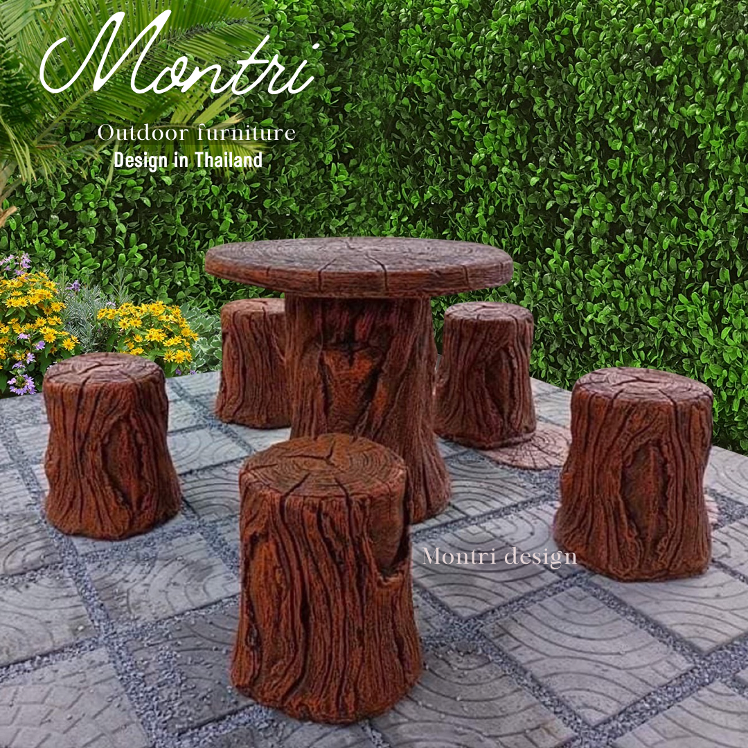 ชุดโต๊ะปูนลายไม้ ชุด 5 ที่นั่ง รุ่น Ocha 5 ที่นั่ง โต๊ะกลมปูนลายไม้