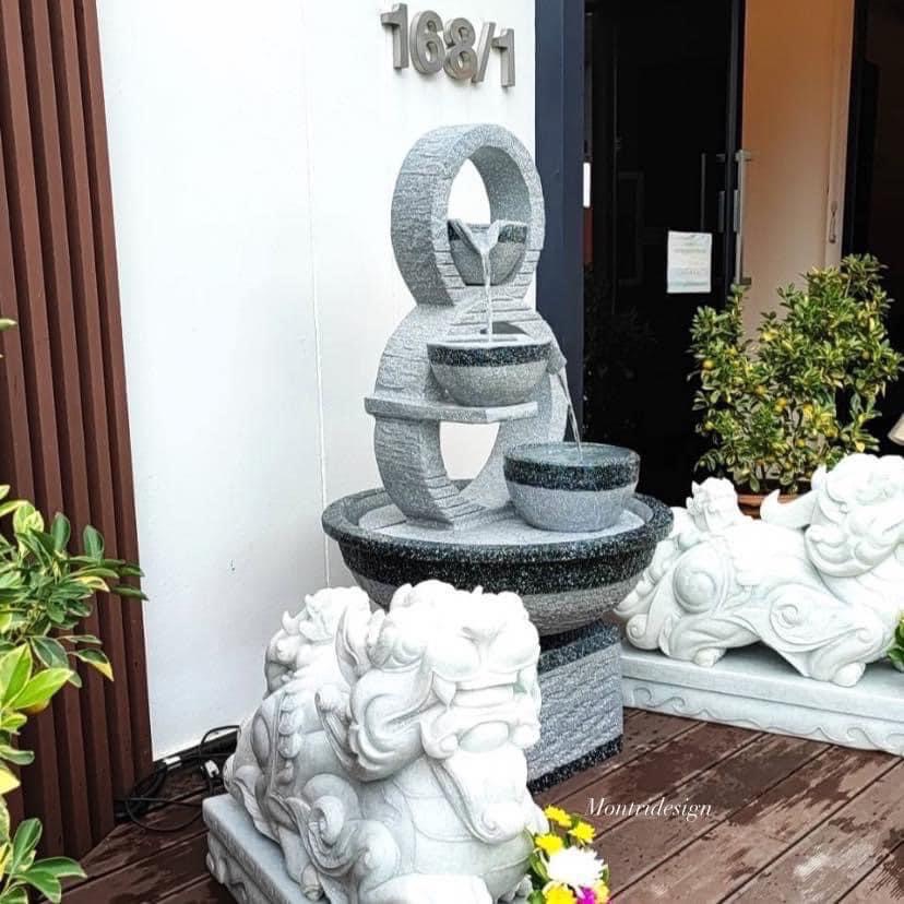น้ำล้นโมเดิร์น เลข 8 มงคล น้ำพุแต่งสวน ฮวงจุ้ยน้ำพุ น้ำล้นเลข8 รุ่น 8 ขาว-เทา