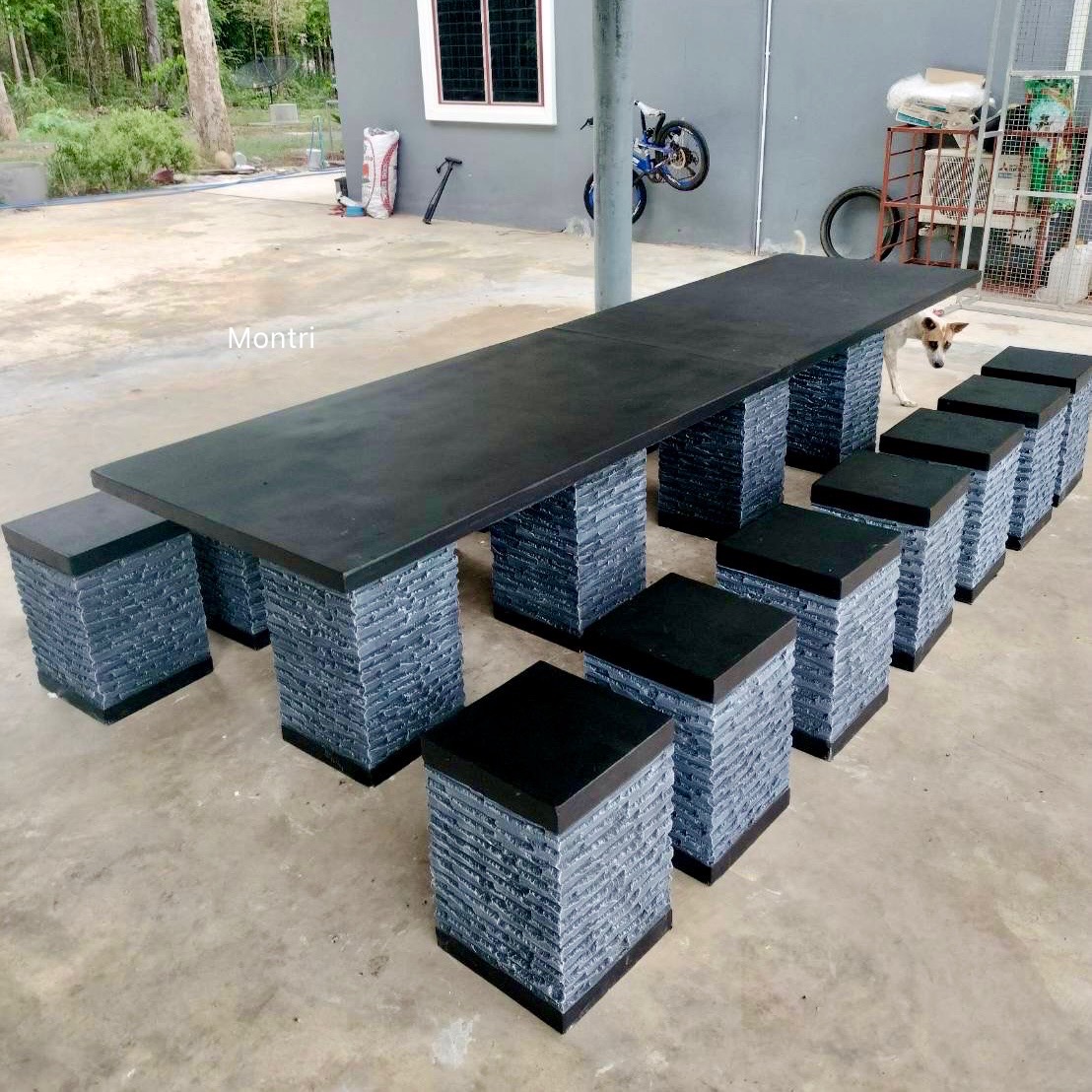 ชุดโต๊ะสนาม โต๊ะปูนสนาม โต๊ะโมเดิร์น โต๊ะปูนสนามโมเดิร์น ชุด 14 ที่นั่ง โต๊ะยาว 3 เมตร กว้าง 80 cm.