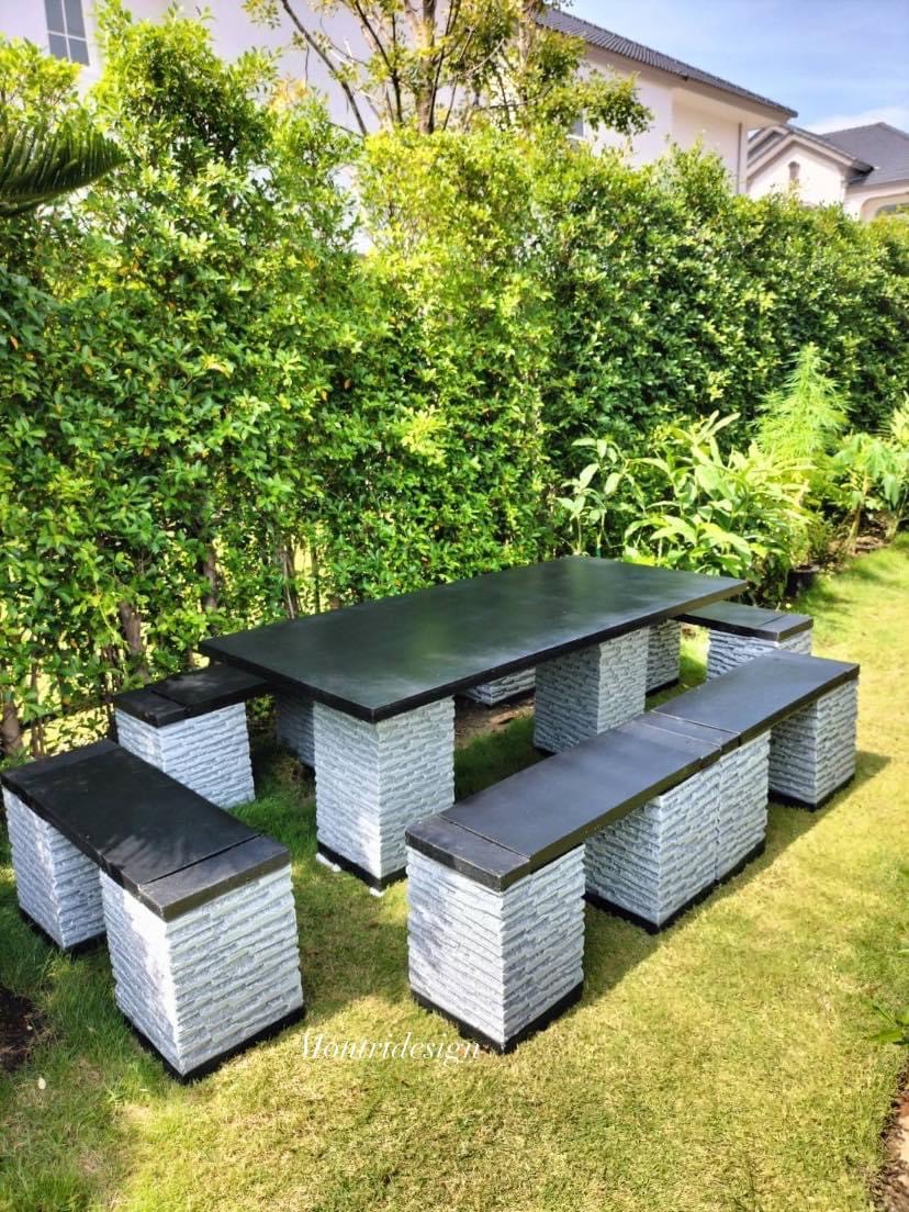 ชุดโต๊ะสนาม โต๊ะปูนสนาม โต๊ะโมเดิร์น โต๊ะปูนสนามโมเดิร์น ชุด 12 ที่นั่ง รุ่น LYO98 เก้าอี้พาดยาว ขนาดโต๊ะ 180*80