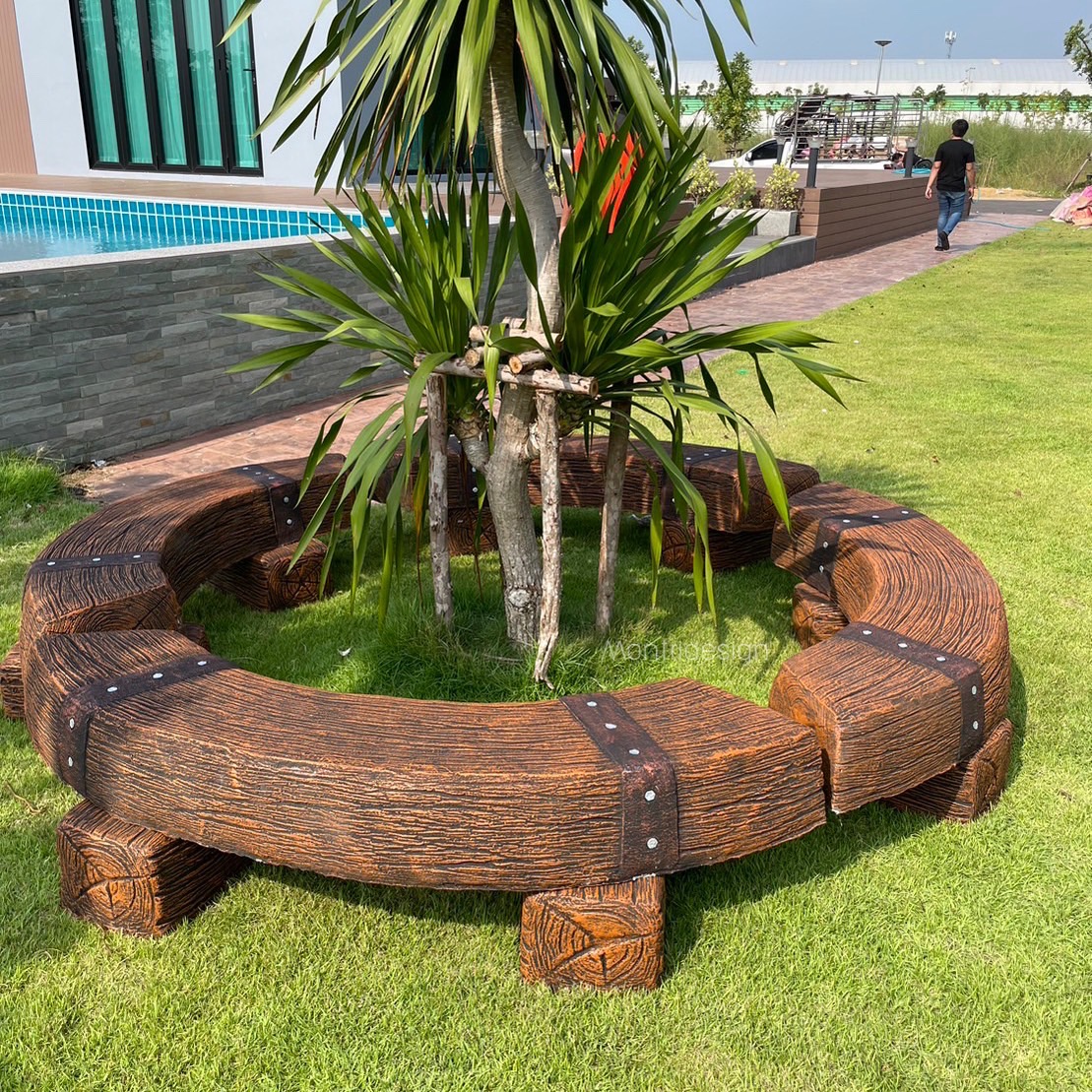 เก้าอี้รอบต้นไม้ เก้าอี้ไม้หมอนทรงโค้ง เก้าอี้ปูนลายไม้ รุ่น Reef05 set 4 ที่นั่ง สีน้ำตาลลายไม้ ม้านั่งปูนลายไม้