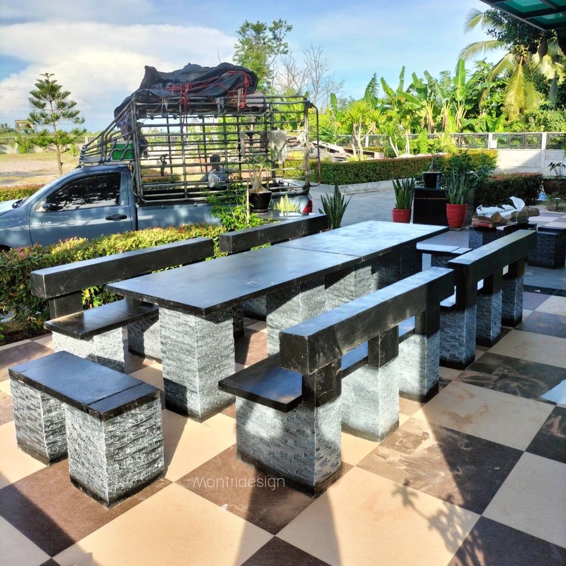 โต๊ะโมเดิร์นพนักพิง โต๊ะสนามปูนปั้น โตีะสนามโมเดิร์น ขนาด 300*80 cm. รุ่น OneD