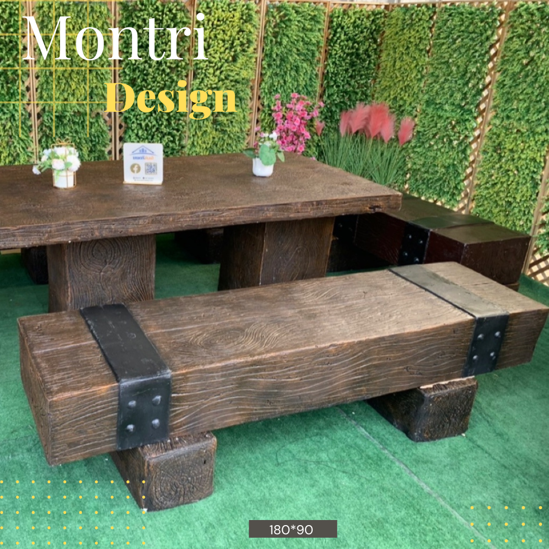 ชุดโต๊ะปูนลายไม้ โต๊ะปูนไม้หมอน โต๊ะไม้หมอน ชุดโต๊ะไม้หมอนรถไฟ ขนาด 180*90 cm.