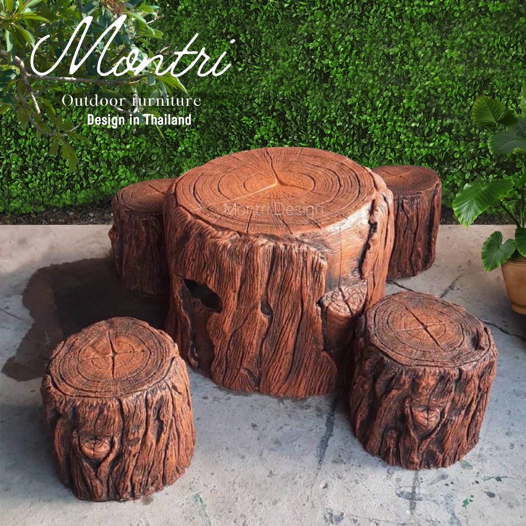 ชุดโต๊ะลายเปลือกไม้ โต๊ะปูนลายไม้ โต๊ะปูนสนามลายไม้ เสมือนไม้จริง