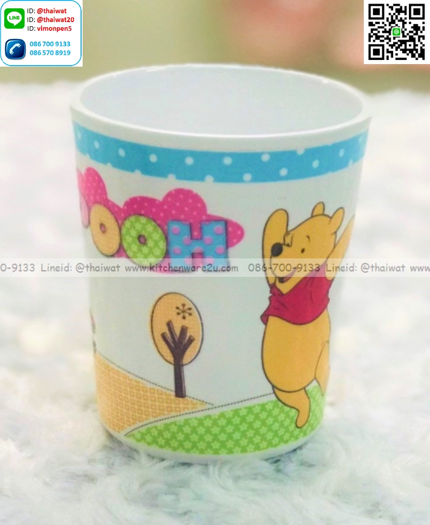 P09107 ถ้วยน้ำสููงปาก 3 นิ้ว ลายหมีพูห์ Licious เมลามีนและลิขสิทธิ์แท้ Flowerware เครือซูปเปอร์แวร์ No.C2635-2.5 (ราคาขายส่งต่อ 12 ใบ: เฉลี่ย 50 บต่อใบ)