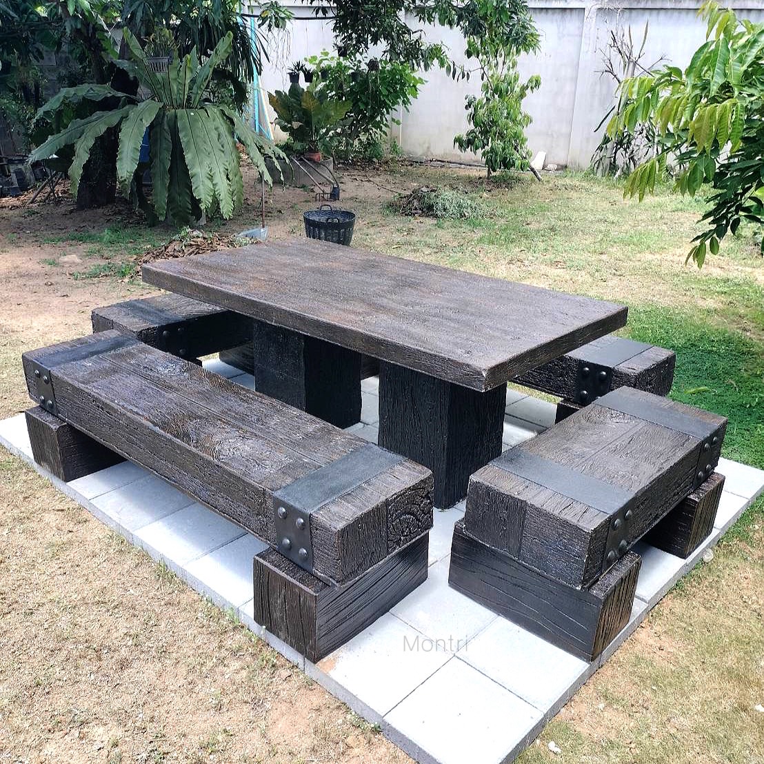 ชุดโต๊ะไม้หมอน โต๊ะสนาม ชุดโต๊ะสนามปูนลายไม้ DIY ฝีมือคนไทย ขนาด 180*90 cm.งานแข็งแรงทนทานไม่เปราะบางอย่างแน่นอน