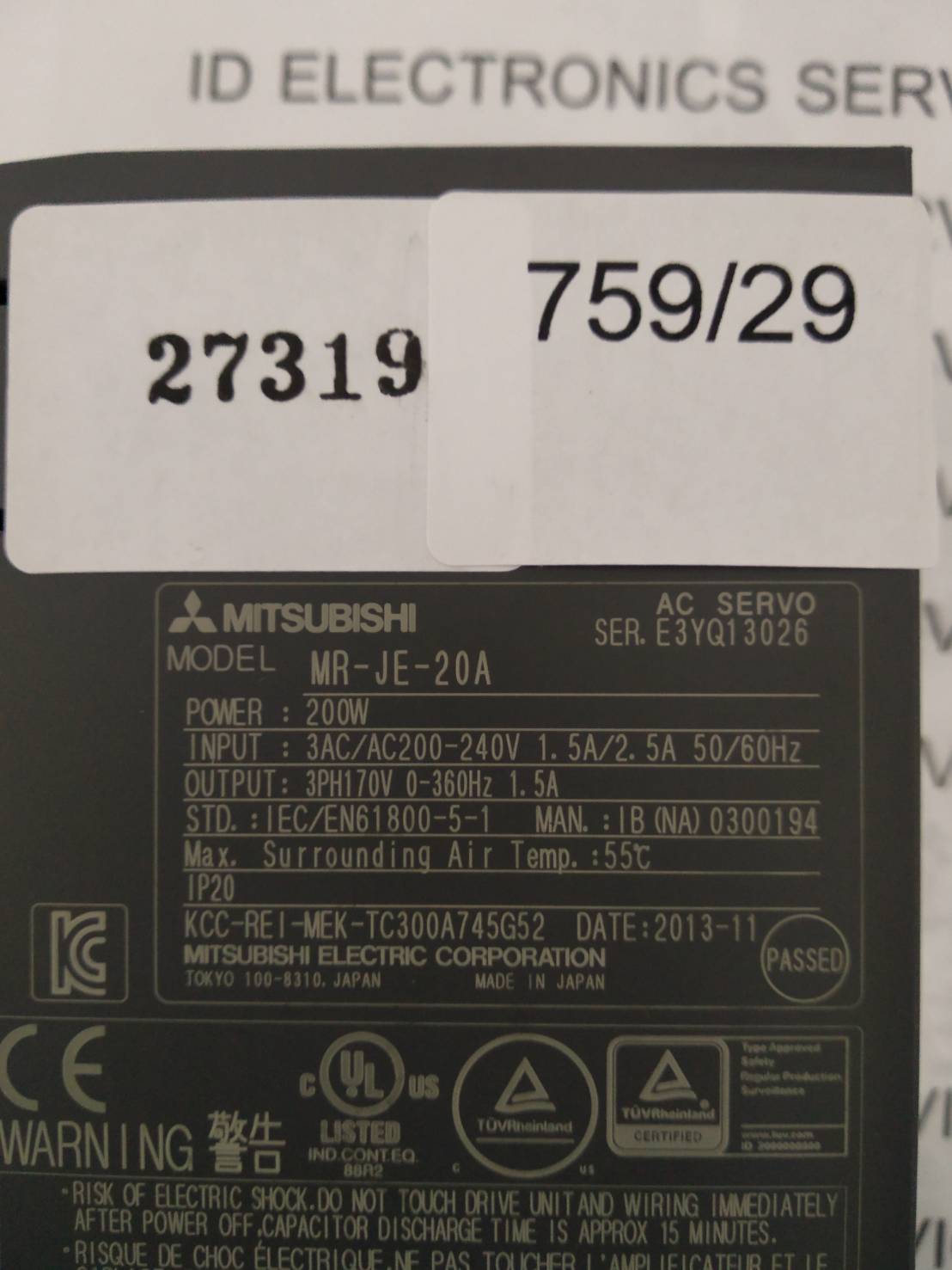 จำหน่าย MR-JE-20A SERVO DRIVE "MITSUBISHI"