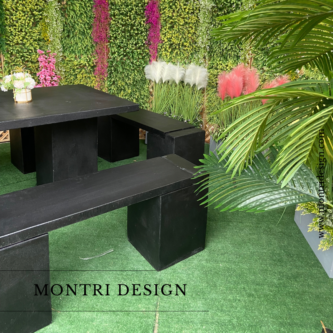 ชุดโต๊ะสนามปูนปั้น โต๊ะปูนสนาม ชุด 8 ที่นั่ง พาดยาว สีดำ