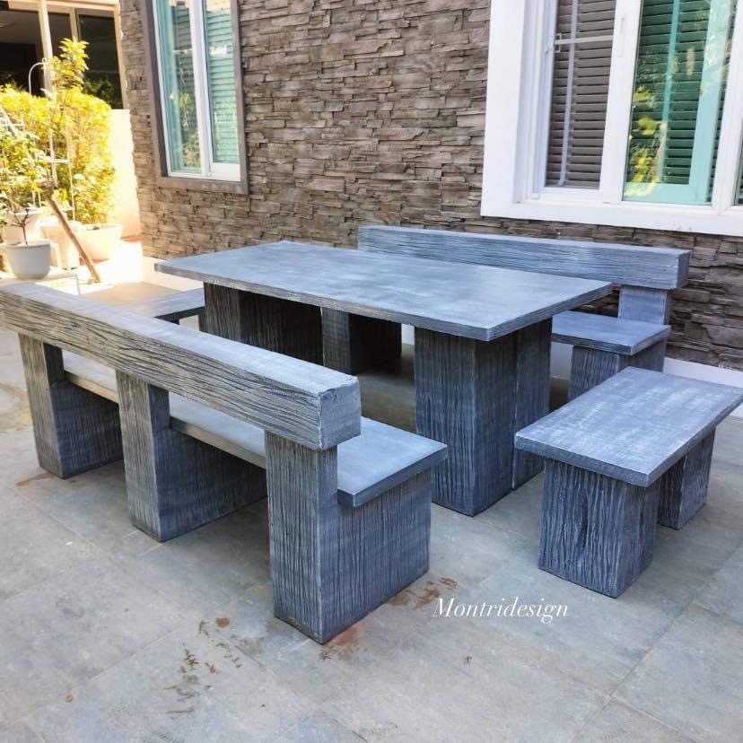 ชุดโต๊ะปูนลายไม้ ชุดโต๊ะเก้าอี้พนักพิง ขนาด 180*80 cm. สีไม้ธรรมชาติ