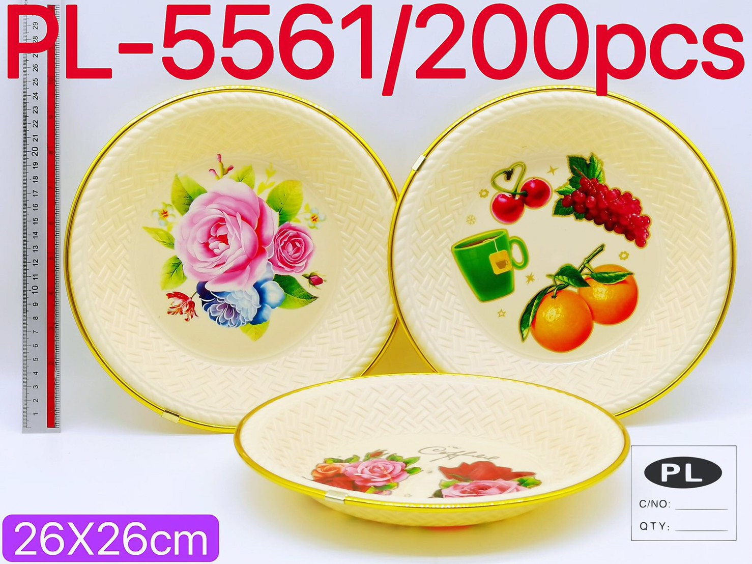 P06370 ถาดกลม 10 นิ้ว ขอบทอง ดีไซน์ใหม่ (ราคาส่งต่อ 1 โหล: 12 ใบ )