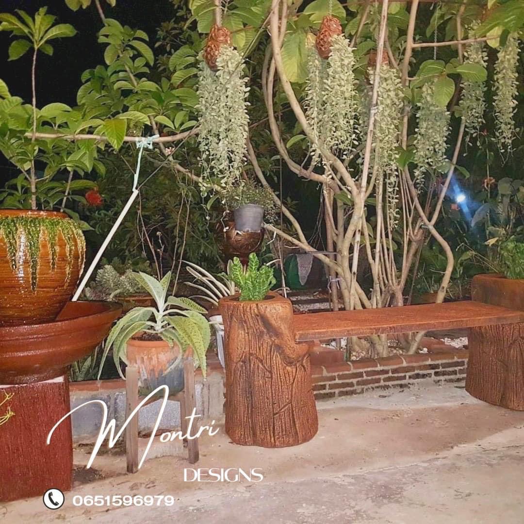 เก้าอี้สนามปูนลายไม้ 2in1 เก้าอี้กระถางต้นไม้ งาน DIY ทำจากปูนปั้นสด เสมือนไม้จริง ดูเป็นธรรมชาต ปัดสีด้วยมือสุดปราณีต