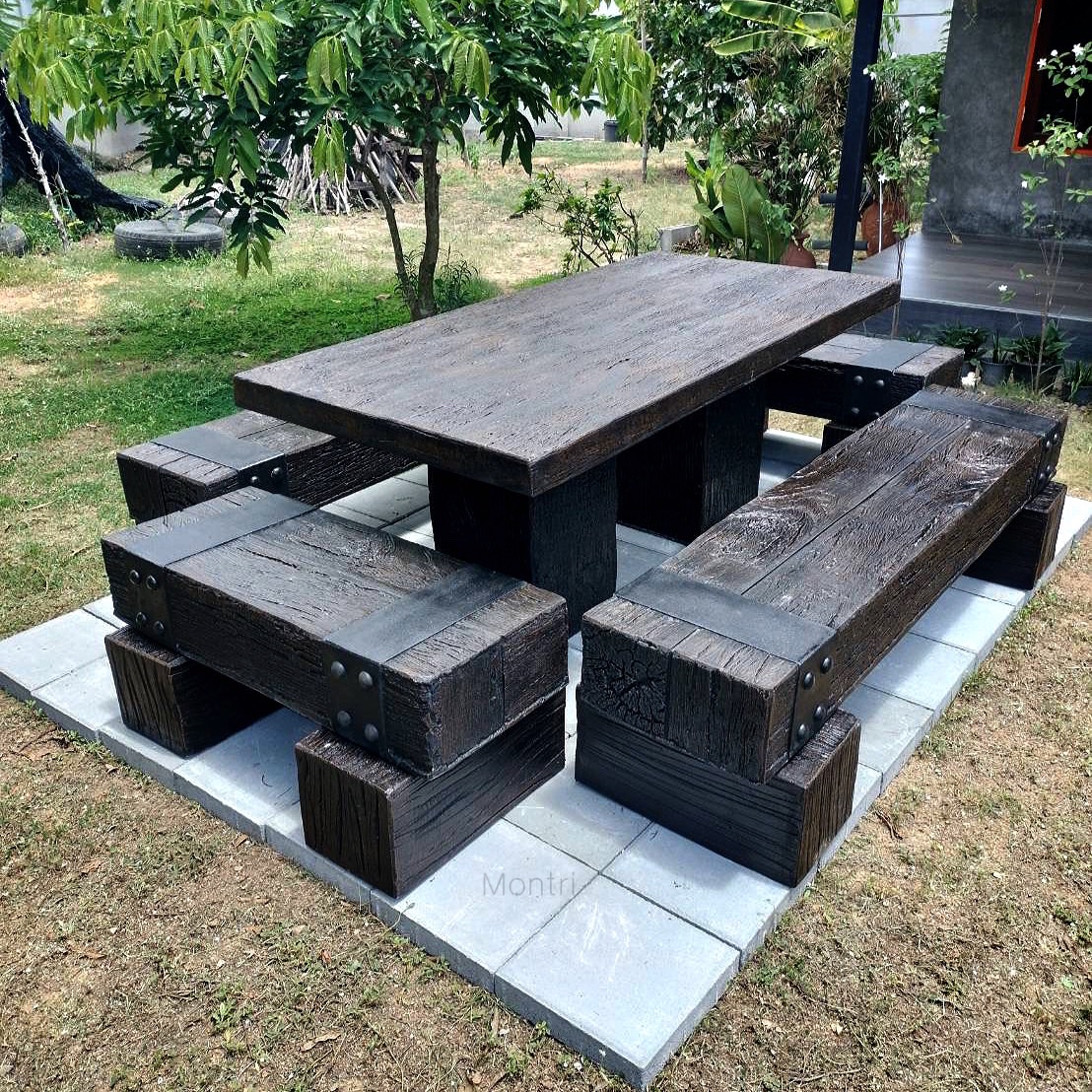 ชุดโต๊ะไม้หมอน โต๊ะสนาม ชุดโต๊ะสนามปูนลายไม้ DIY ฝีมือคนไทย ขนาด 180*90 cm.งานแข็งแรงทนทานไม่เปราะบางอย่างแน่นอน