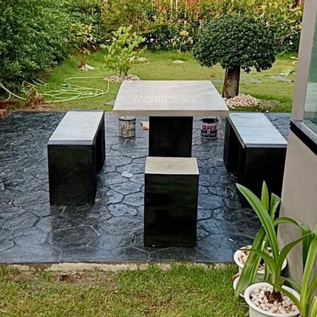 ชุดโต๊ะสนามปูนปั้น ชุดโต๊ะปูนสไตล์โมเดิร์น ชุด 6 ที่นั่ง สีวิลเทจ โต๊ะปูนสนาม