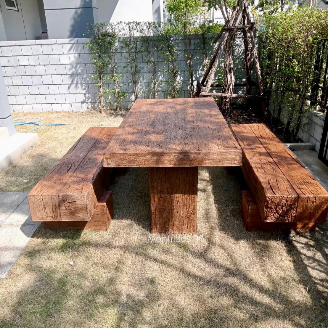 ชุดโต๊ะไม้หมอนรถไฟ ชุดโต๊ะปูนลายไม้ ขนาด 180*90 cm.