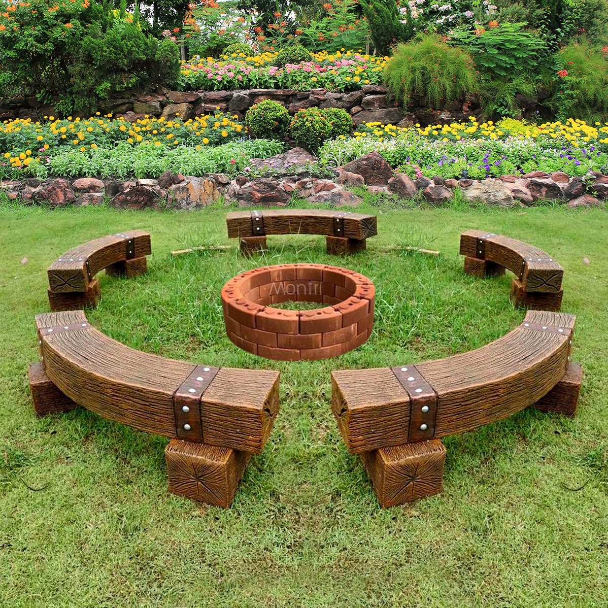 เก้าอี้สนามไม้หมอนโค้ง ขนาด 30*172*40 cm. โปรรับลมหนาว เซ็ตม้านั่งสนาม 5 ตัว พร้อมเตาอิฐประสาน