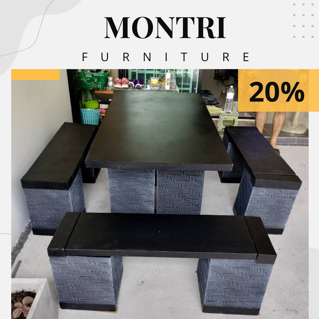 ชุดโต๊ะสนามปูนปั้น ชุด 8 ที่นั่ง พาดยาว (รุ่นพิเศษ) มีเสาโต๊ะ 4 เสา สีดำปัดเทาลาย รุ่น โมเดิร์น08 ดำปัดเทาขาสับเรียง