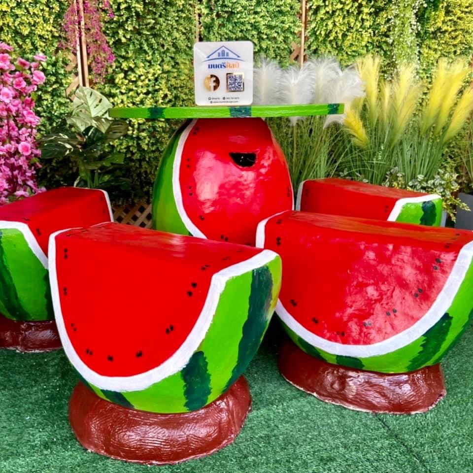 ชุดโต๊ะแตงโม โต๊ะสนามแตงโม สีแดง สินค้าทำจากปุนปั้น
