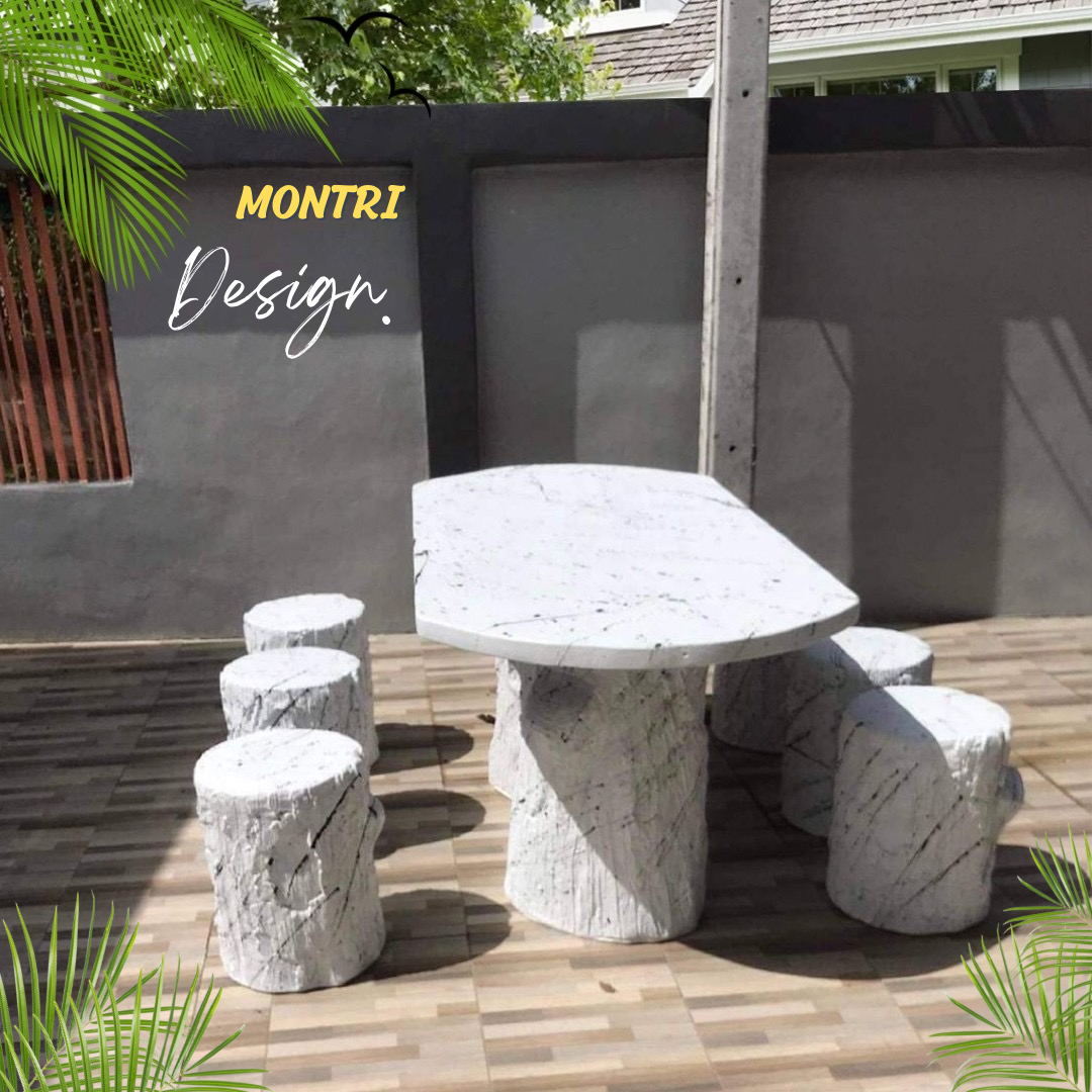 ชุดปูนลายไม้ ชุด 6 ที่นั่ง โต๊ะสนามปูนปั้น โต๊ะสนามปุนปั้นลายไม้ รุ่น SDS สีหินอ่อนขาวสลัดดำ