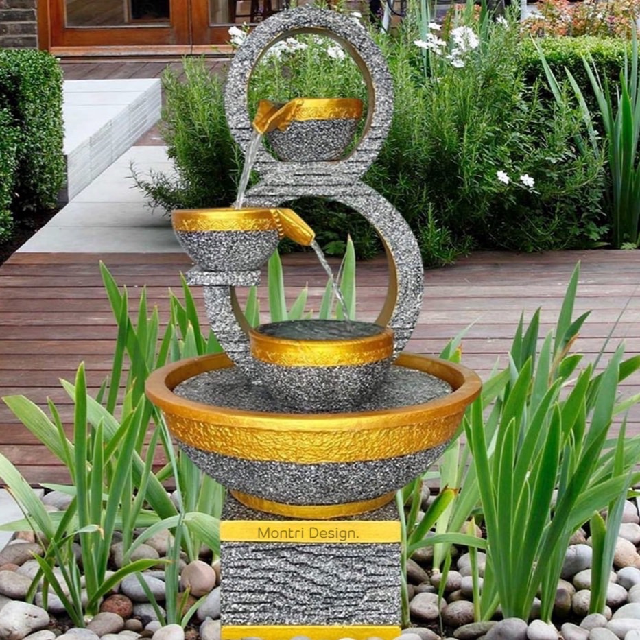 น้ำล้นโมเดิร์น เลข 8 มงคล น้ำพุแต่งสวน ฮวงจุ้ยน้ำพุ น้ำล้นเลข8 รุ่น 8 เทาเข้ม-ทอง