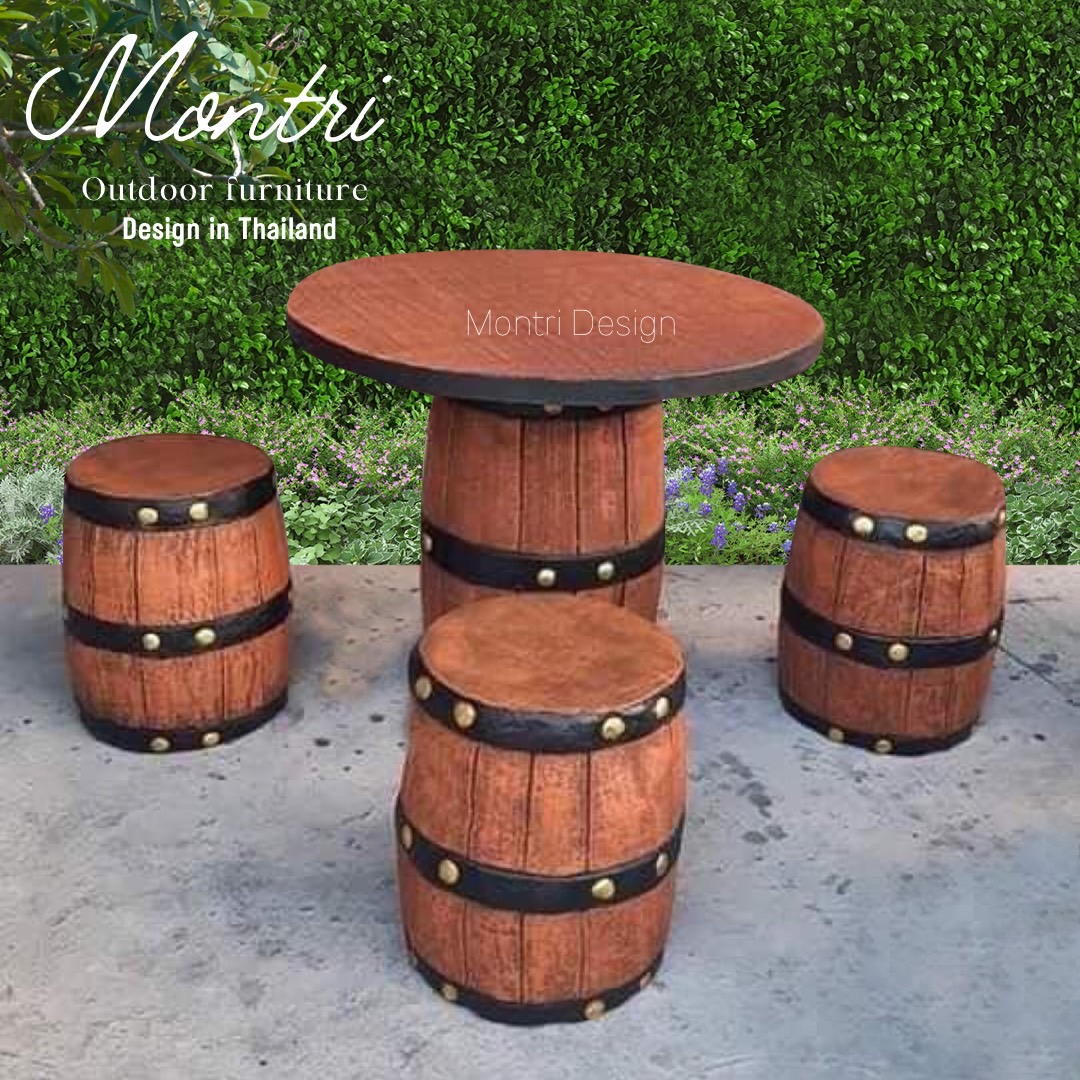 โต๊ะถังเบียร์ ชุดโต๊ะสนาม โต๊ะสนามปูนลายไม้ งาน DIY เฟอร์นิเจอร์สนามกลางแจ้ง ชุด 4 ที่นั่ง