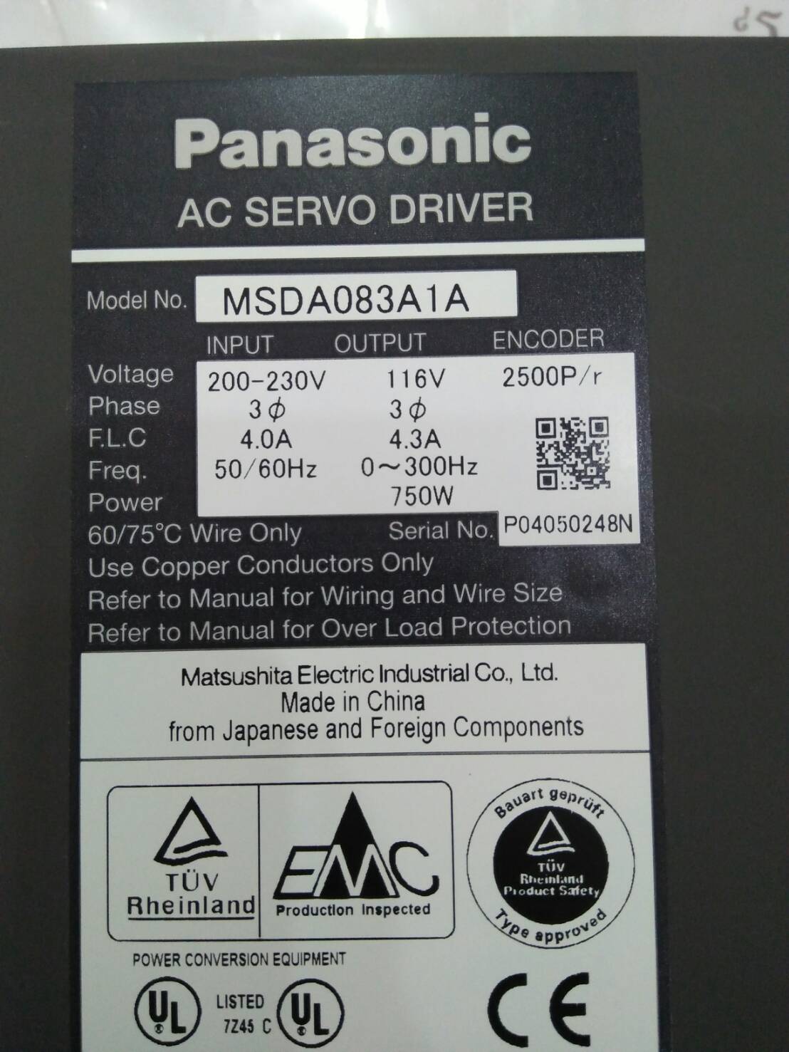SERVO DRIVE " PANASONIC " MODEL : MSDA083A1A
