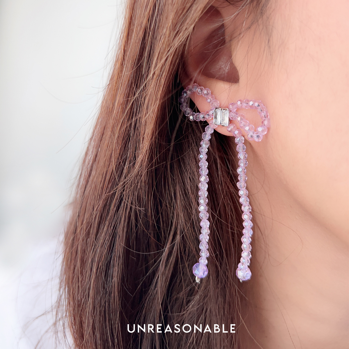 ต่างหูโบว์ สีม่วงอ่อน Purple Glass Bead ต่างหูคลิป ต่างหูก้านเงินแท้ UA0925-06 Unreasonable Accessories