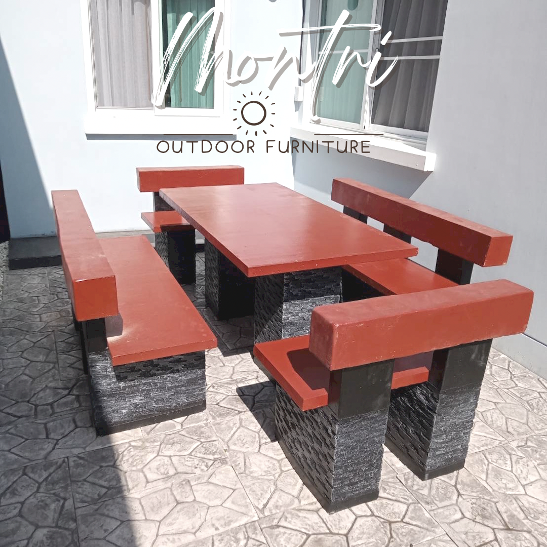 โต๊ะโมเดิร์นพนักพิง โต๊ะสนามปูนปั้น โต๊ะสนามโมเดิร์น มีเก้าอี้พนักพิงทั้ง 4 ด้าน ขนาด 150*80 cm. รุ่น 9AM สีแดงเลือดนก