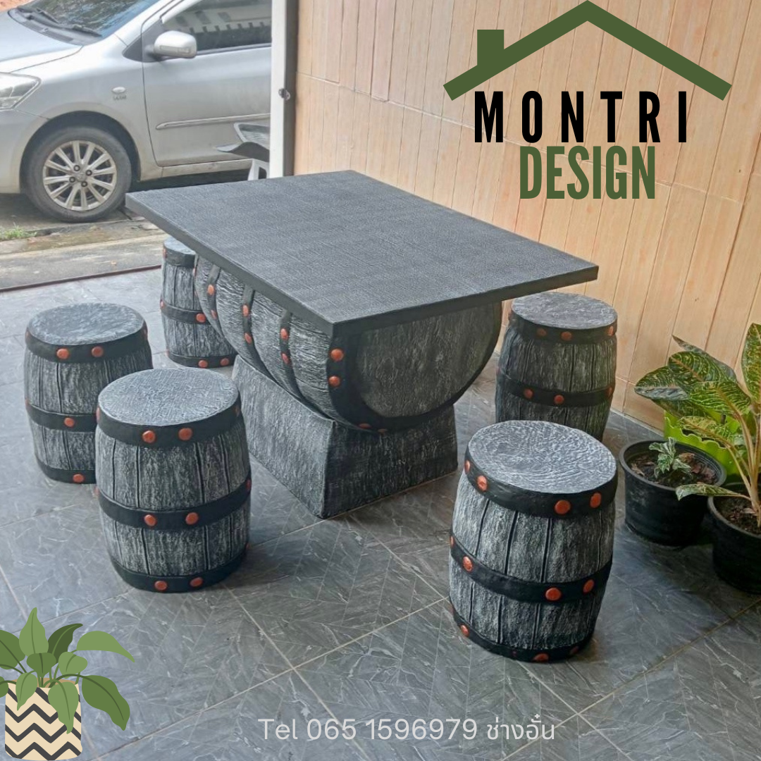 ชุดโต๊ะนามปูนลายไม้ ชุดโต๊ะถัง โต๊ะสนามปูนปั้น 6 ที่นั่ง สีวินเทจ