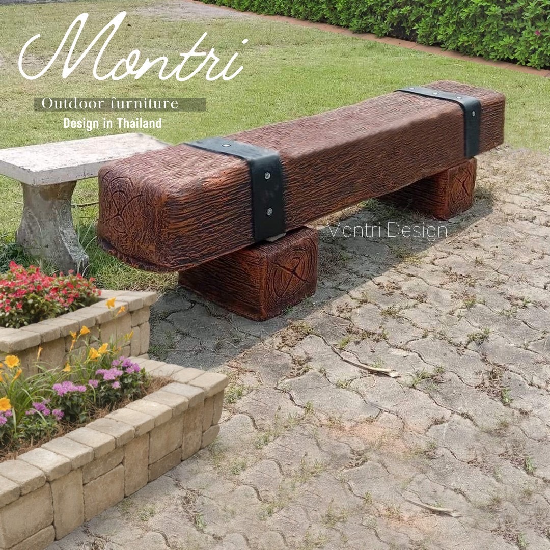 เก้าอี้ไม้หมอน สีน้ำตาลคาดดำ 30x150x40 cm. ม้านั่งสนามปูน เก้าอี้ปูนปั้น