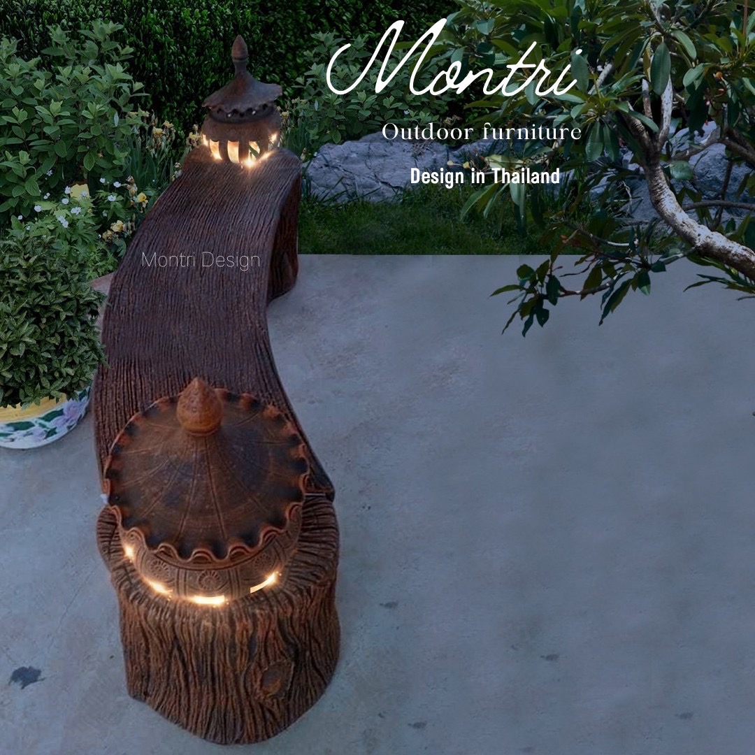 เก้าอี้โคมไฟทรงโค้ง เก้าอี้สนาม โคมไฟสนาม เก้าอี้ปูนลายไม้ โคมไฟสวน ออกแบบให้ใช้งานอย่างมีประสิทธิภาพ