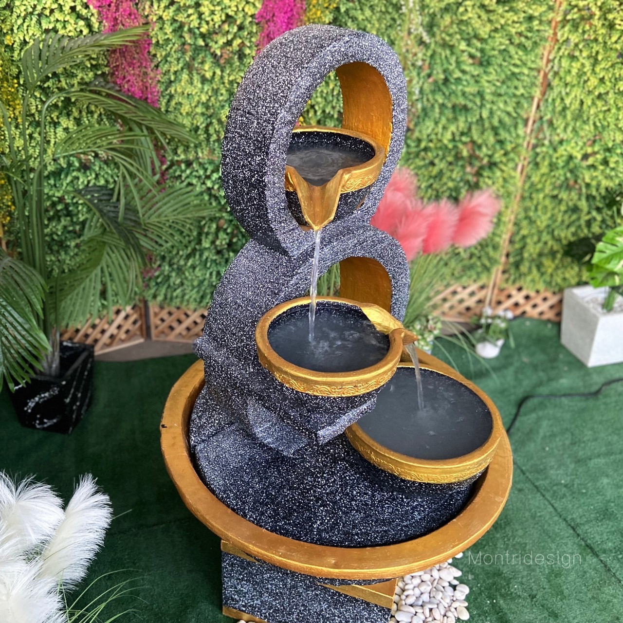 น้ำล้นโมเดิร์น เลข 8 มงคล น้ำพุแต่งสวน ฮวงจุ้ยน้ำพุ น้ำล้นเลข8 รุ่น 8 เทาเข้ม-ทอง