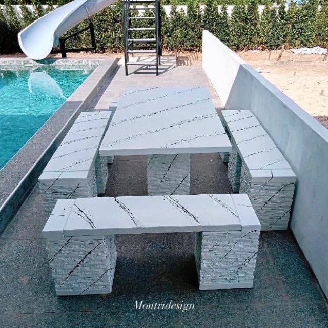 ชุดโต๊ะสนาม โต๊ะปูนสนาม โต๊ะโมเดิร์น โต๊ะปูนสนามโมเดิร์น ชุด 10 ที่นั่ง โต๊ะยาว 150 เมตร กว้าง 80 cm.