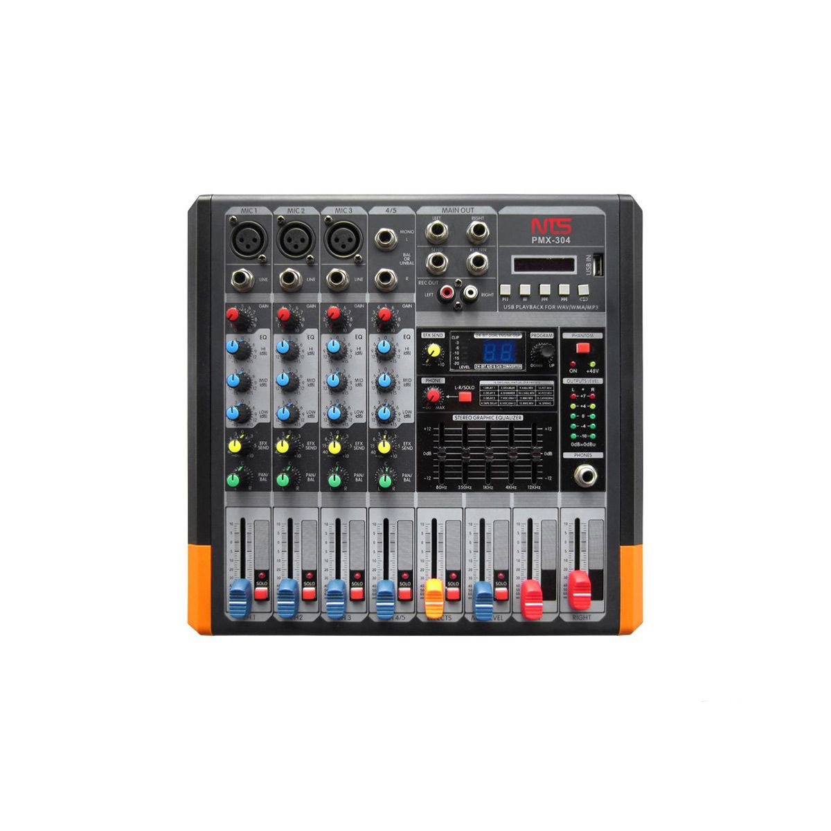 NTS PMX-304 power mixer 3 โมโน 1 สเตอริโอ + FXUSBBT พร้อมแอมป์ขยาย 100 วัตต์ 5 channel