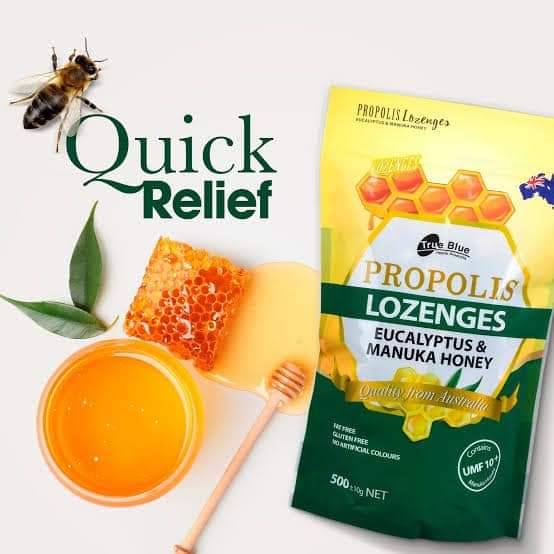ลูกอมยูคาลิปตัสผสมน้ำผึ้งมานูก้าแท้ Trueblue Propolis Lozenges with eucalyptus & Manuka Honey Mgo600+ ขนาดบรรจุ 500+10 กรัม