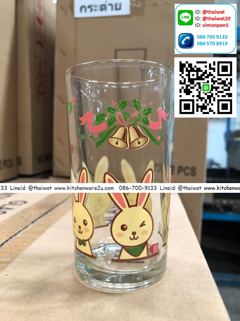 P06784 แก้วใส พิมพ์ลาย (6*6*12 cm) หลากหลายลาย 10 ออนซ์ (ราคาส่งต่อกล่อง: กล่องละ 6 โหล : 72 ใบ)