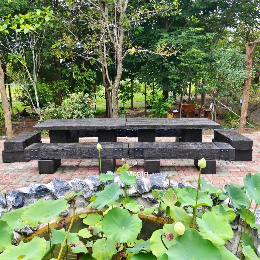 ชุดโต๊ะสนามไม้หมอน โต๊ะไม้หมอนกลางแจ้ง โต๊ะสนาม ยาว 3.6 เมตร