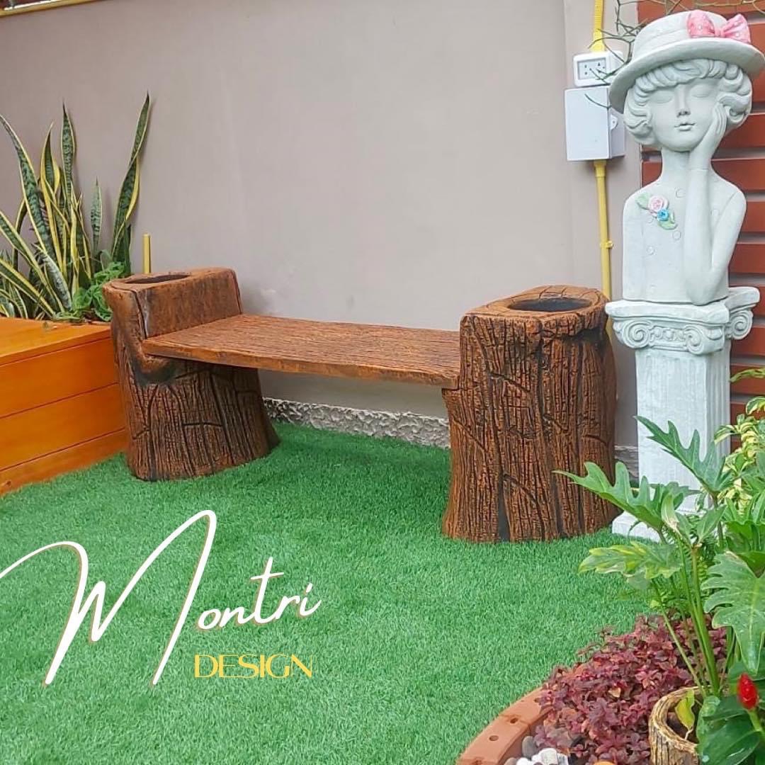 เก้าอี้สนามปูนลายไม้ 2in1 เก้าอี้กระถางต้นไม้ งาน DIY ทำจากปูนปั้นสด เสมือนไม้จริง ดูเป็นธรรมชาต ปัดสีด้วยมือสุดปราณีต