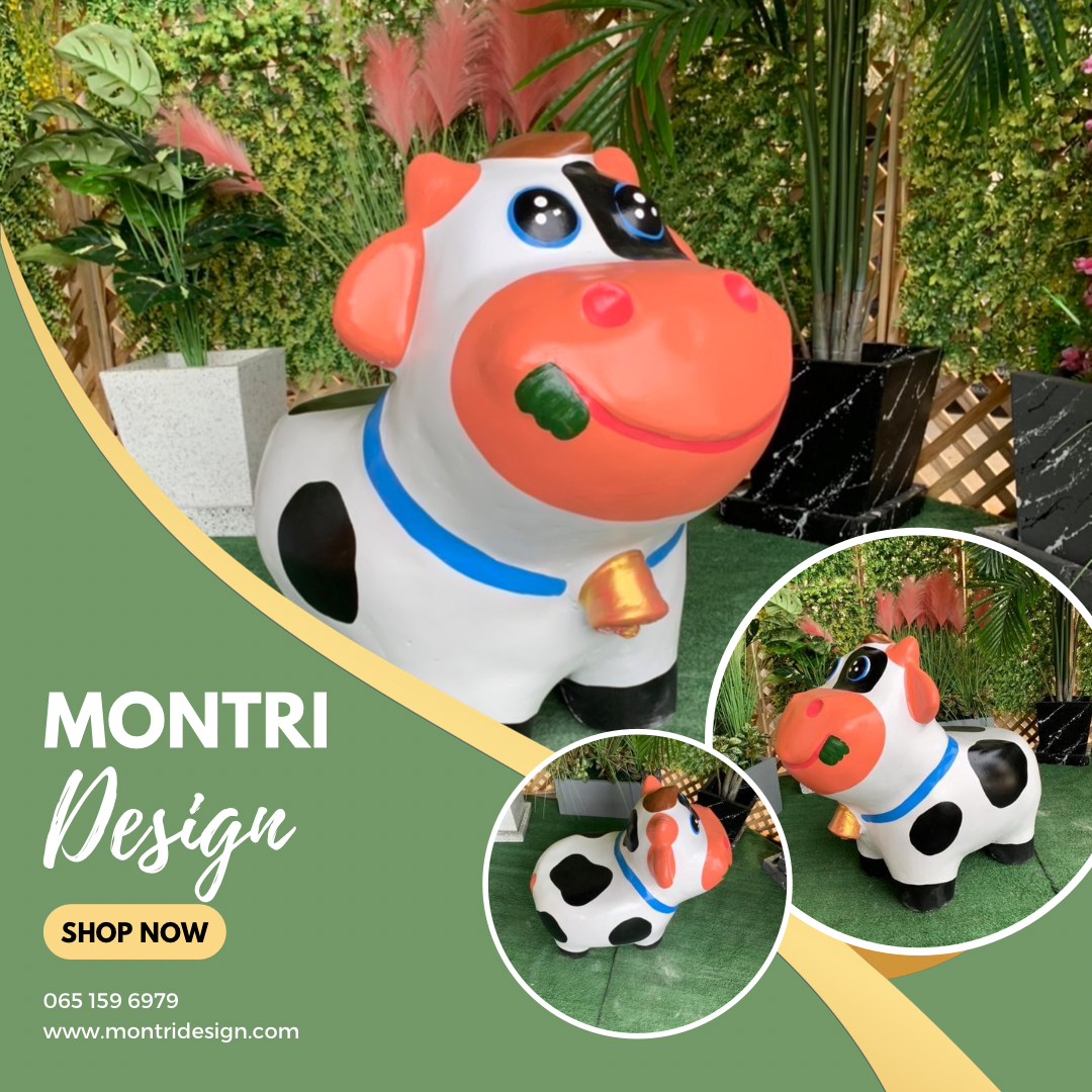 เก้าอี้ปูนรูปวัว เก้าอี้รูปวัวนม เก้าอี้ปูนปั้นรูปวัว ม้านั่งสนามในสวน ปลอกคอสีฟ้า