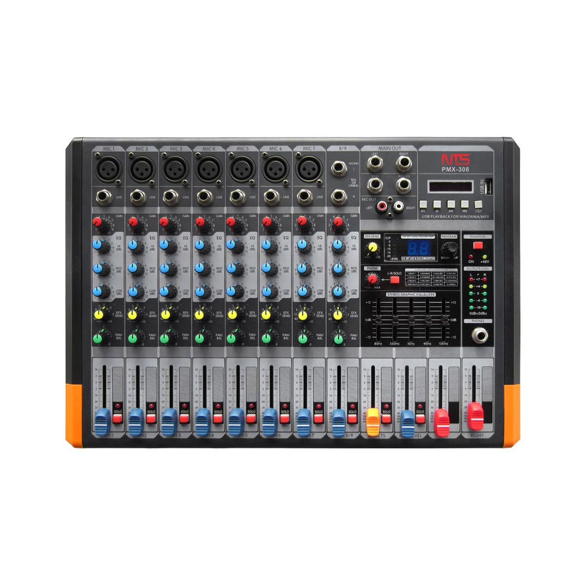 NTS PMX-308 power mixer 7 โมโน 1 สเตอริโอ + FXUSBBT พร้อมเพาเวอร์แอมป์ 100 วัตต์ 9 channel