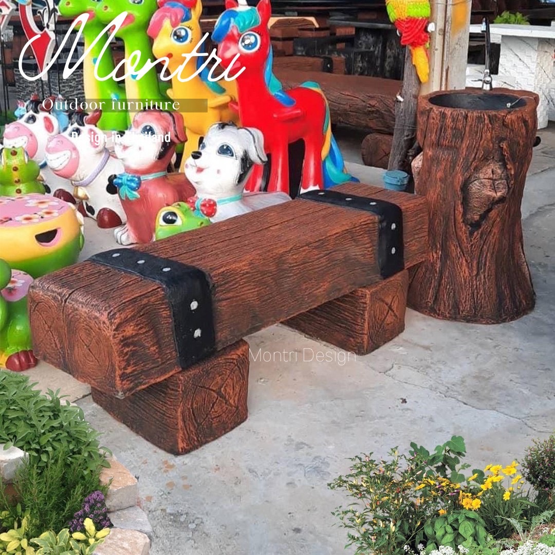 เก้าอี้ไม้หมอน สีน้ำตาลคาดดำ 30x150x40 cm. ม้านั่งสนามปูน เก้าอี้ปูนปั้น