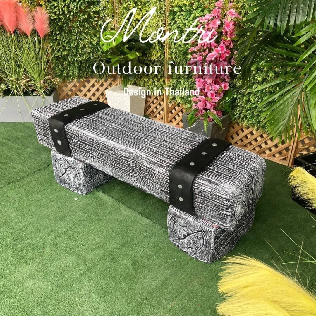 เก้าอี้ไม้หมอน ม้านั่งไม้หมอน เก้าอี้ปูนลายไม้ สีเทาควันบุหรี่ ขนาด 30*120*40