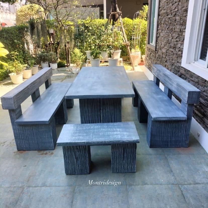 ชุดโต๊ะปูนลายไม้ ชุดโต๊ะเก้าอี้พนักพิง ขนาด 180*80 cm. สีไม้ธรรมชาติ