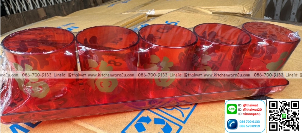 P12474 ชุดชาแดงสูงถาดยาว 5 ที่ สีใส พิมพ์ลาย No.703-705 เกรดเอ สวย ขายยกลัง (ราคาส่งต่อ 1 ลัง: 3 โหล : 36 ชุด :เฉลี่ย 25 บต่อชุด)
