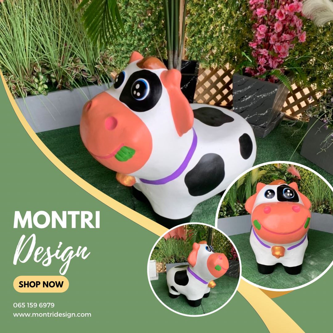 เก้าอี้ปูนรูปวัว เก้าอี้รูปวัวนม เก้าอี้ปูนปั้นรูปวัว ม้านั่งสนามในสวน ปลอกคอสีม่วง